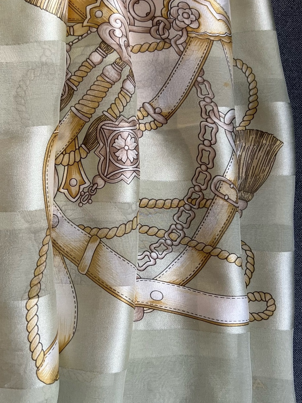 BALENCIAGA Paris Silk Square Scarf 34” Beige Gold Rope Tassel Crest Vintage - Picture 8 of 12